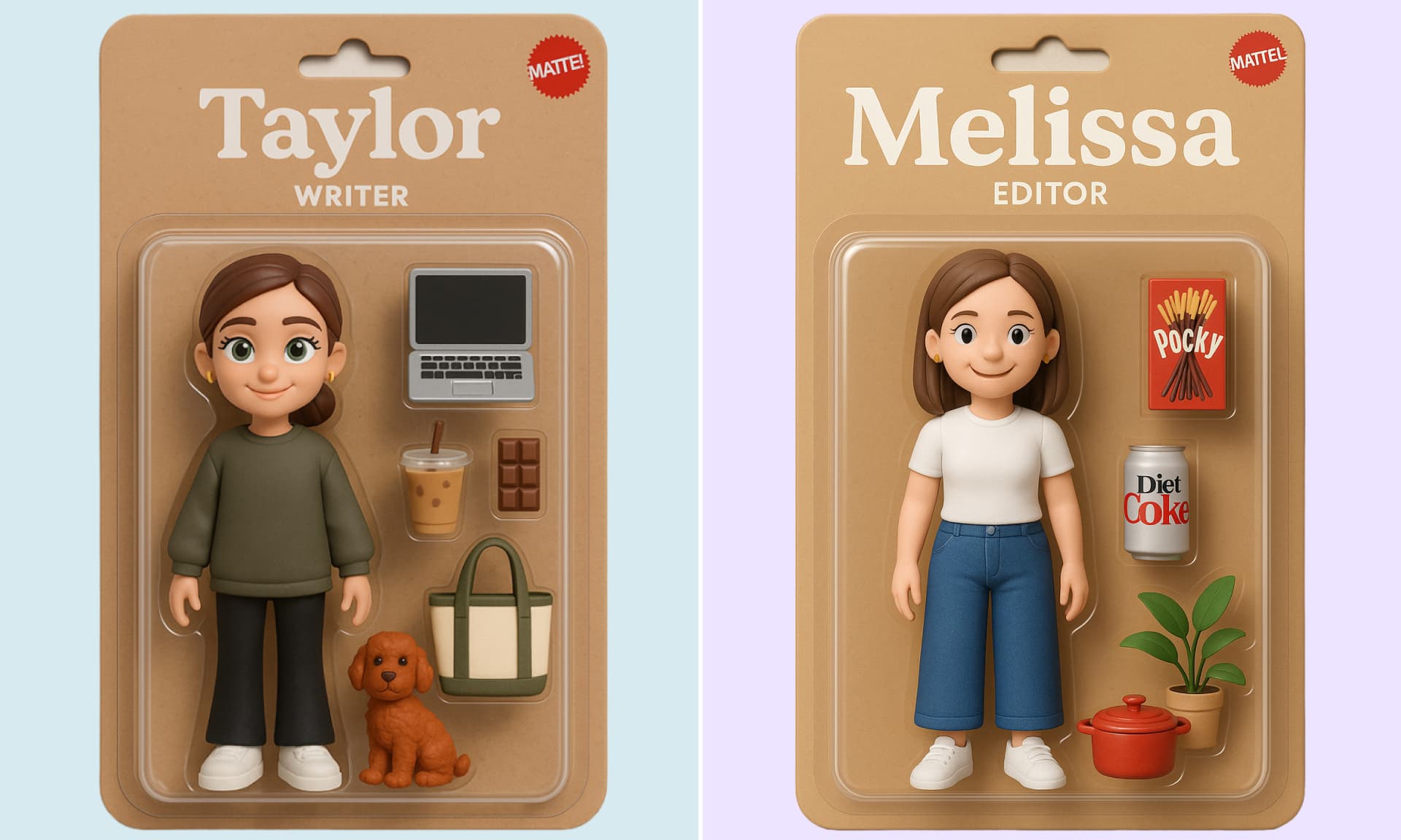 Taylor and Melissa as AI-generated action figures