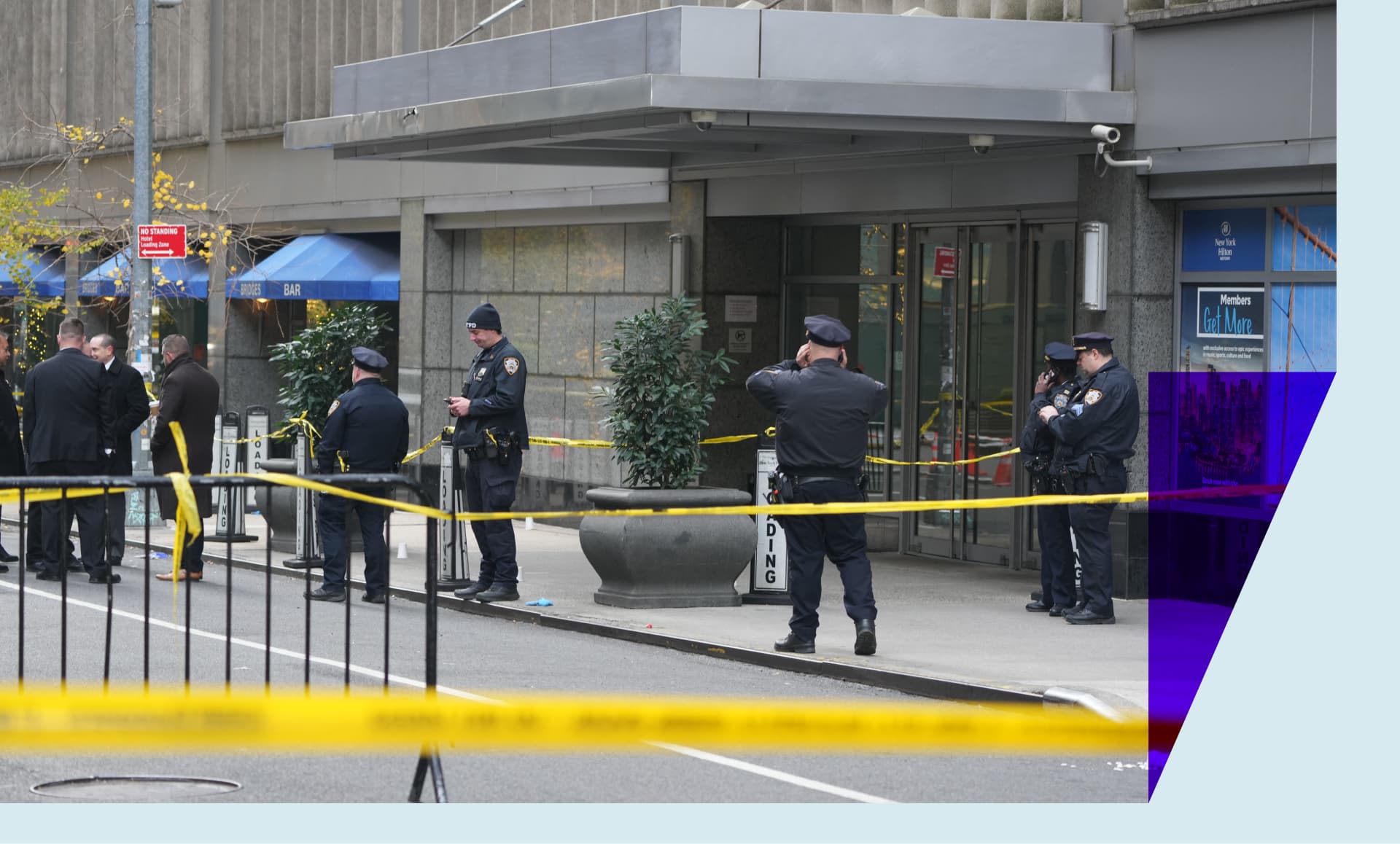 Police respond as CEO of UnitedHealthcare Brian Thompson, 50, was shot as he entered the New York Hilton after 6:45am on December 4, 2024 in New York.