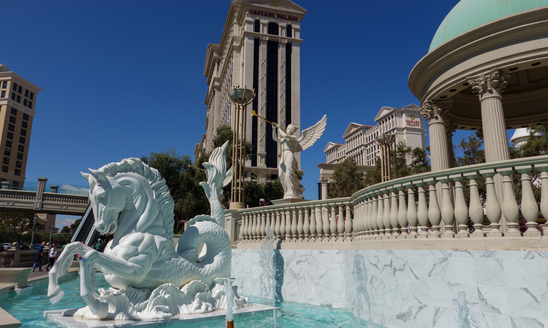 Water fountains line the entrance to the Caesars Palace Las Vegas Hotel and Casino
