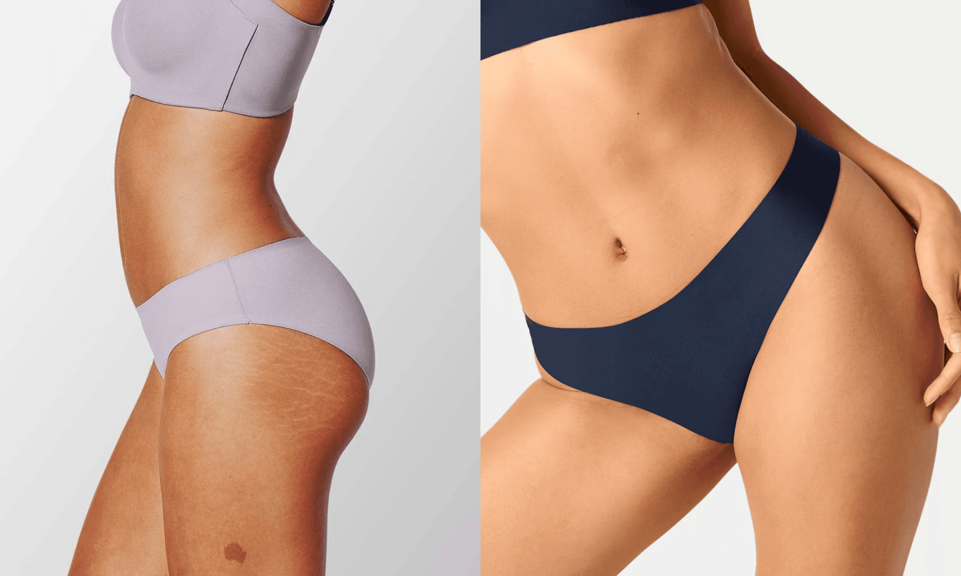 Woman in purplish gray underwear; woman in navy underwear