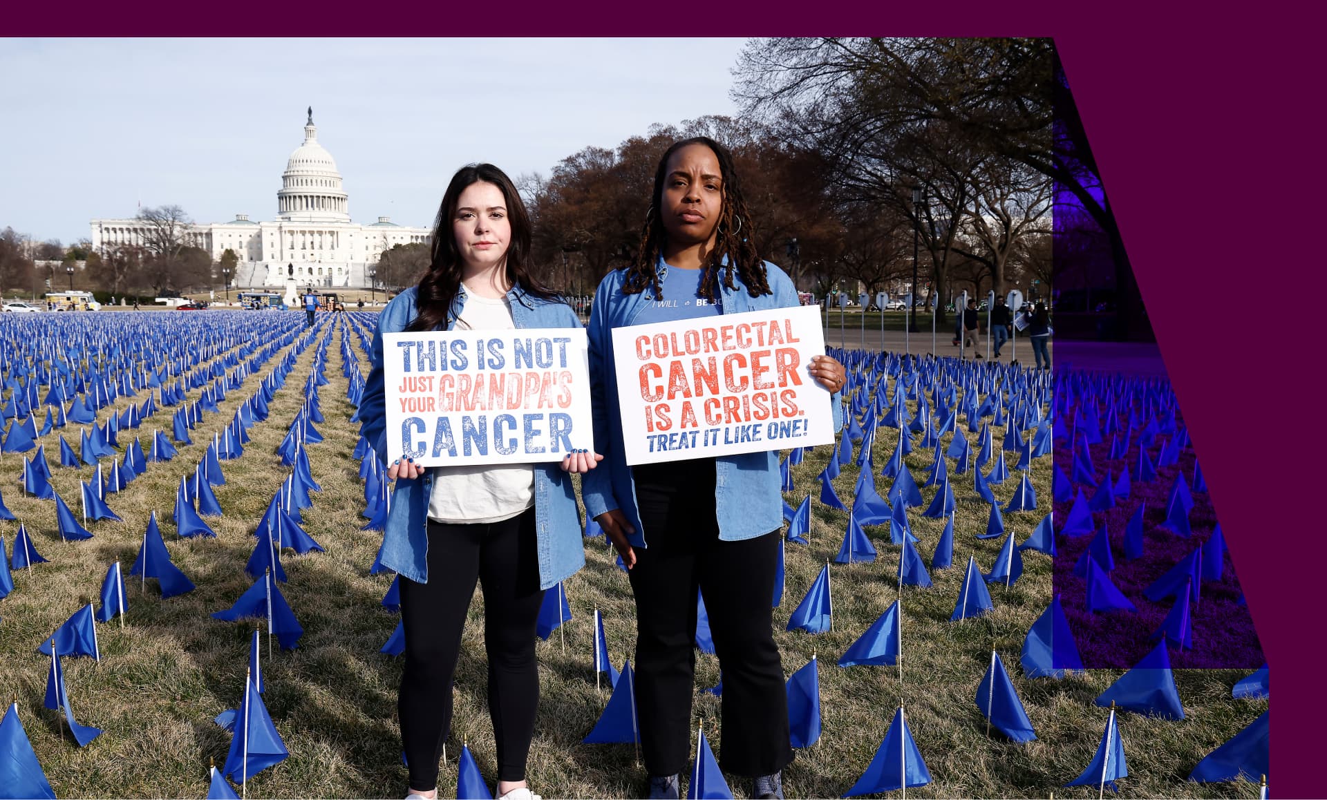 Cancer survivors visit the Fight Colorectal Cancer "United in Blue" flag installation on the National Mall to spotlight the rise in young adult Colorectal cancer cases on March 10, 2025 in Washington, DC.