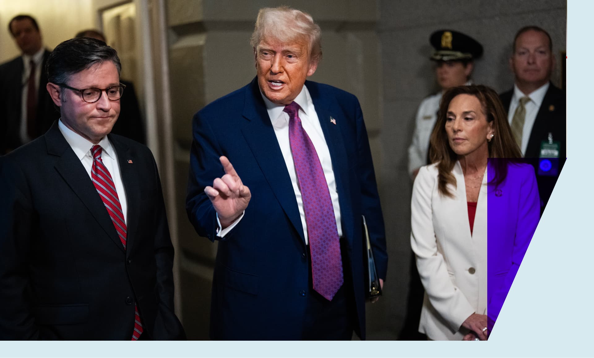 President Donald Trump, Speaker of the House Mike Johnson, R-La., and House Republican Conference Chair Lisa McClain, R-Mich.,